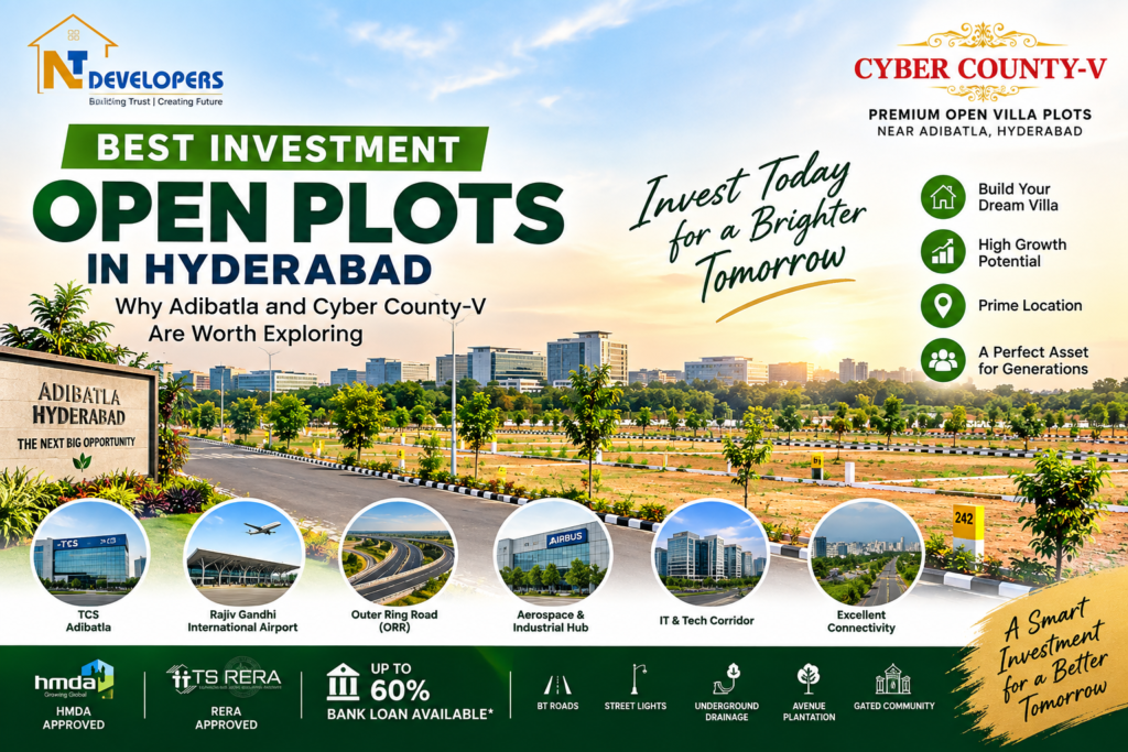Cyber County-V – Premium Open Villa Plots Near Adibatla, Hyderabad Premium open villa plots at Cyber County-V near Adibatla, Hyderabad, featuring landscaped roads, modern infrastructure, and investment opportunities from NT Developers.